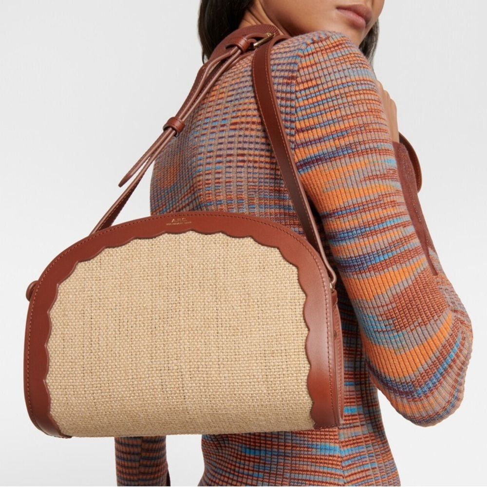 A.P.C. Demi Lune Jute Raffia Leather Crossbody Purse Bag Noisette Brown Tan - Picture 4 of 14